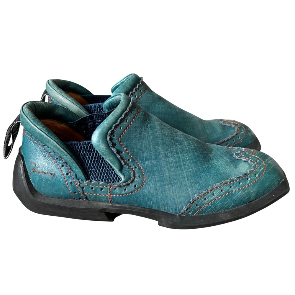 John Fluevog Future Angel Slip-on Wingtip Brogue Shoes Sz 7 Teal Leather